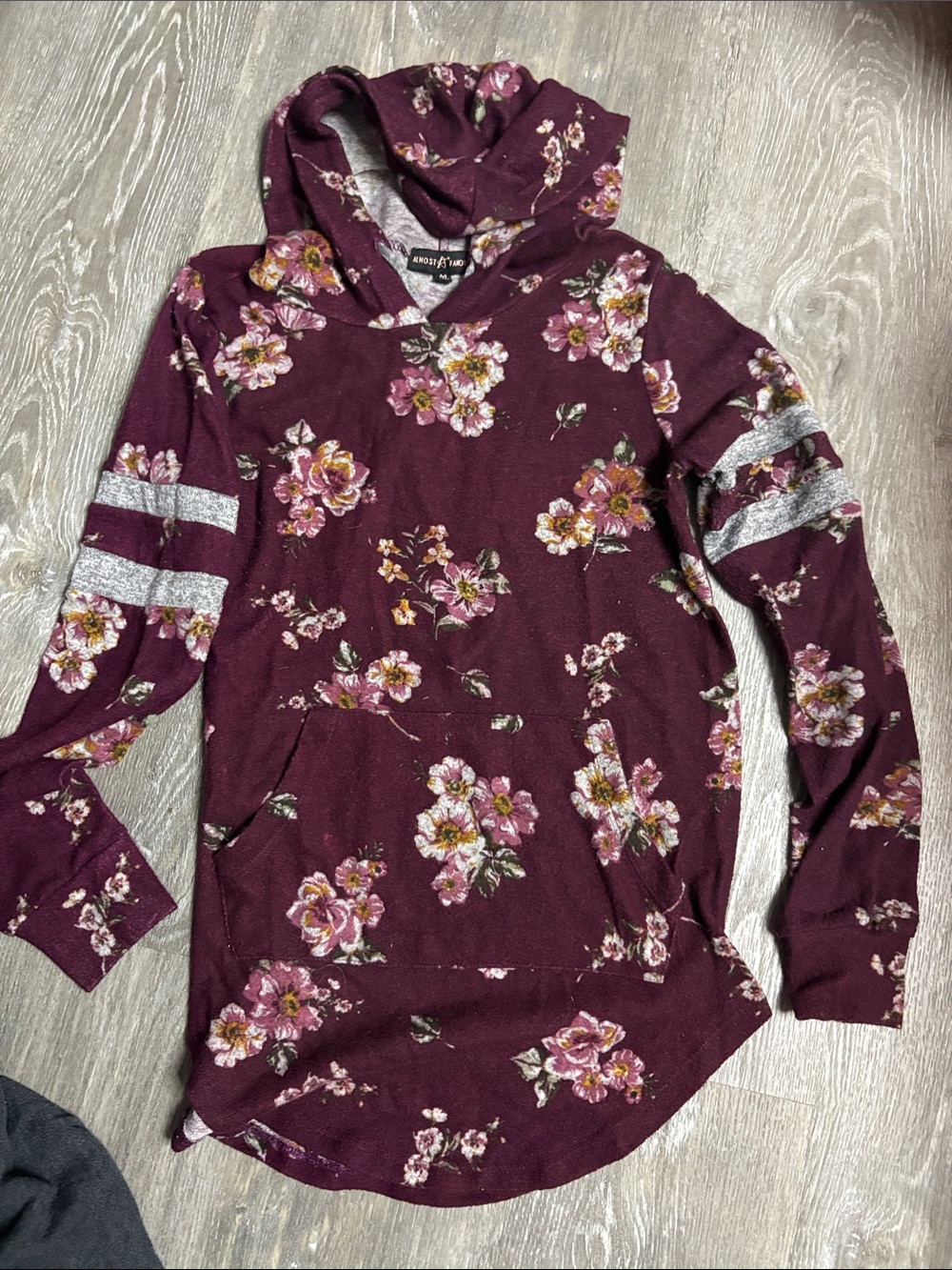 Almost Famous Maroon Floral Hooded Pullover with Silver Stripe Sleeves